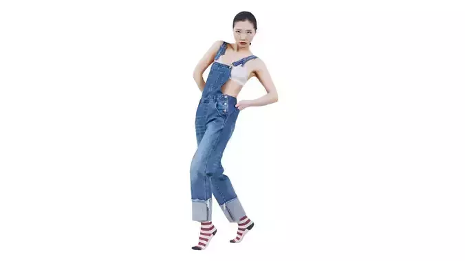 Asian Woman Wearing Jeans Salopet 023 Low-poly 3D model
