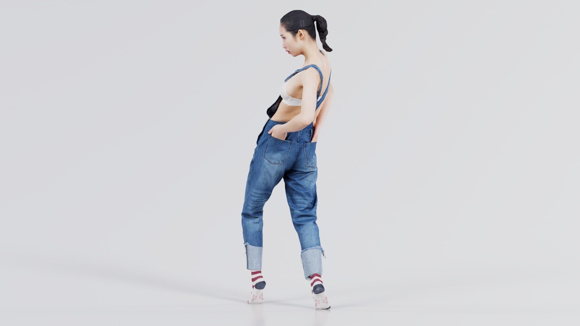 Asian Woman Wearing Jeans Salopet 023 Low-poly 3D model_6