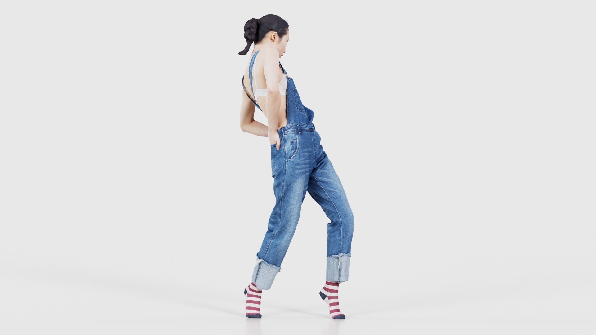 Asian Woman Wearing Jeans Salopet 023 Low-poly 3D model_19