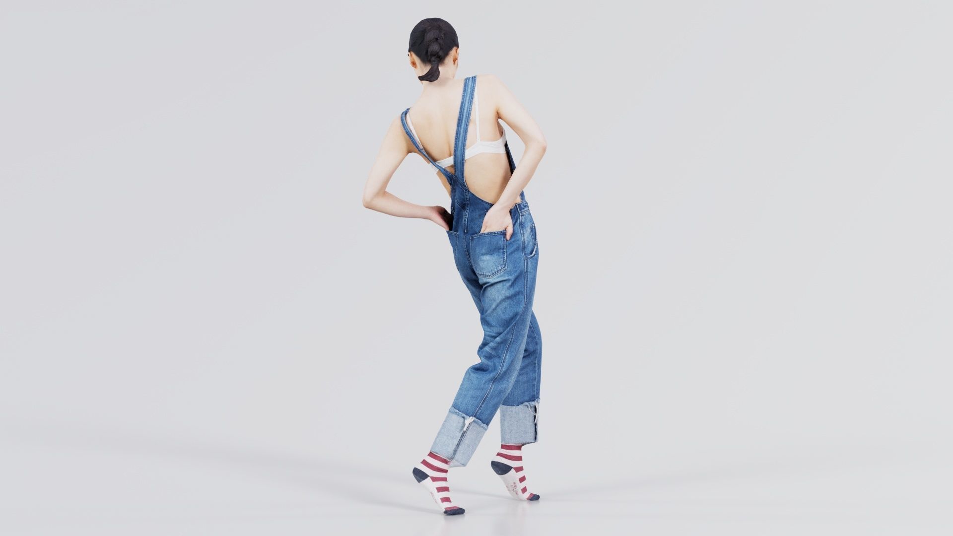 Asian Woman Wearing Jeans Salopet 023 Low-poly 3D model_7