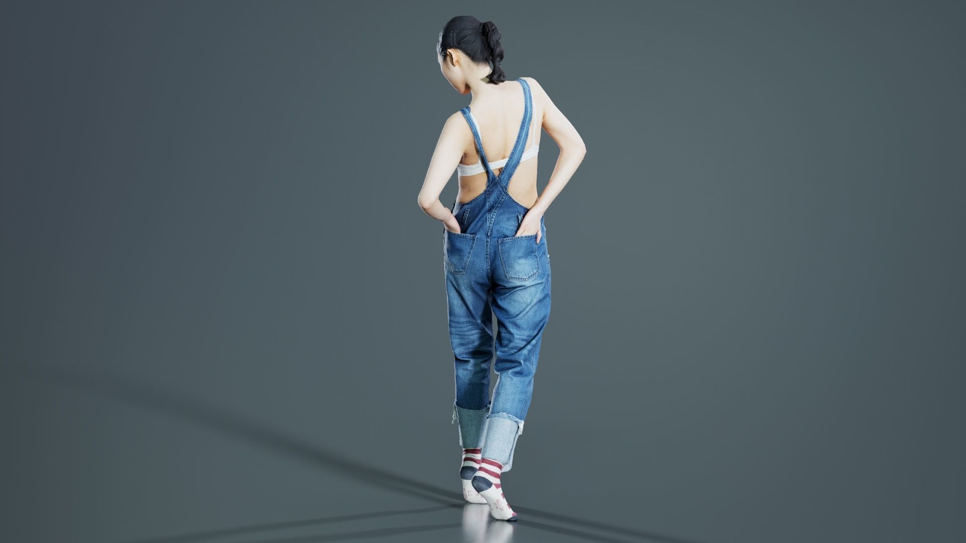 Asian Woman Wearing Jeans Salopet 023 Low-poly 3D model_2