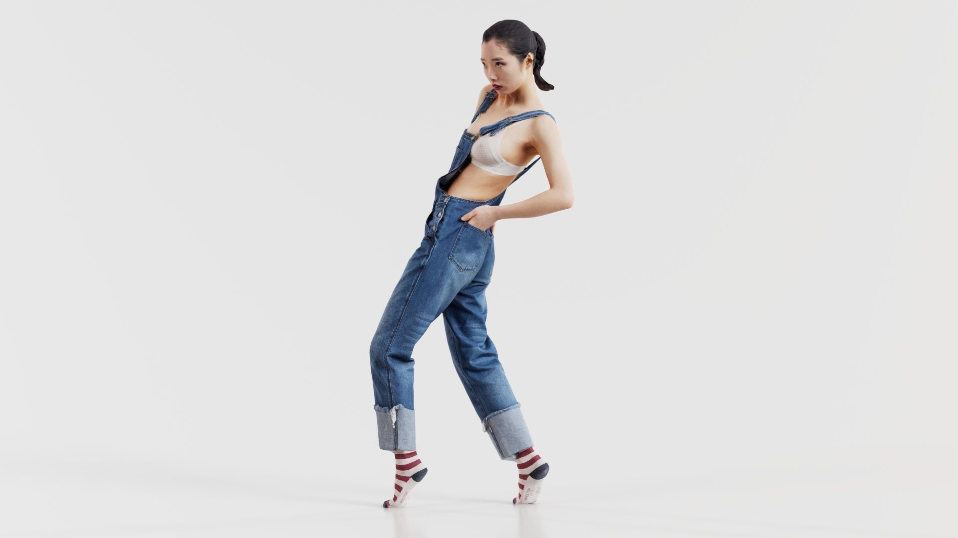 Asian Woman Wearing Jeans Salopet 023 Low-poly 3D model_4