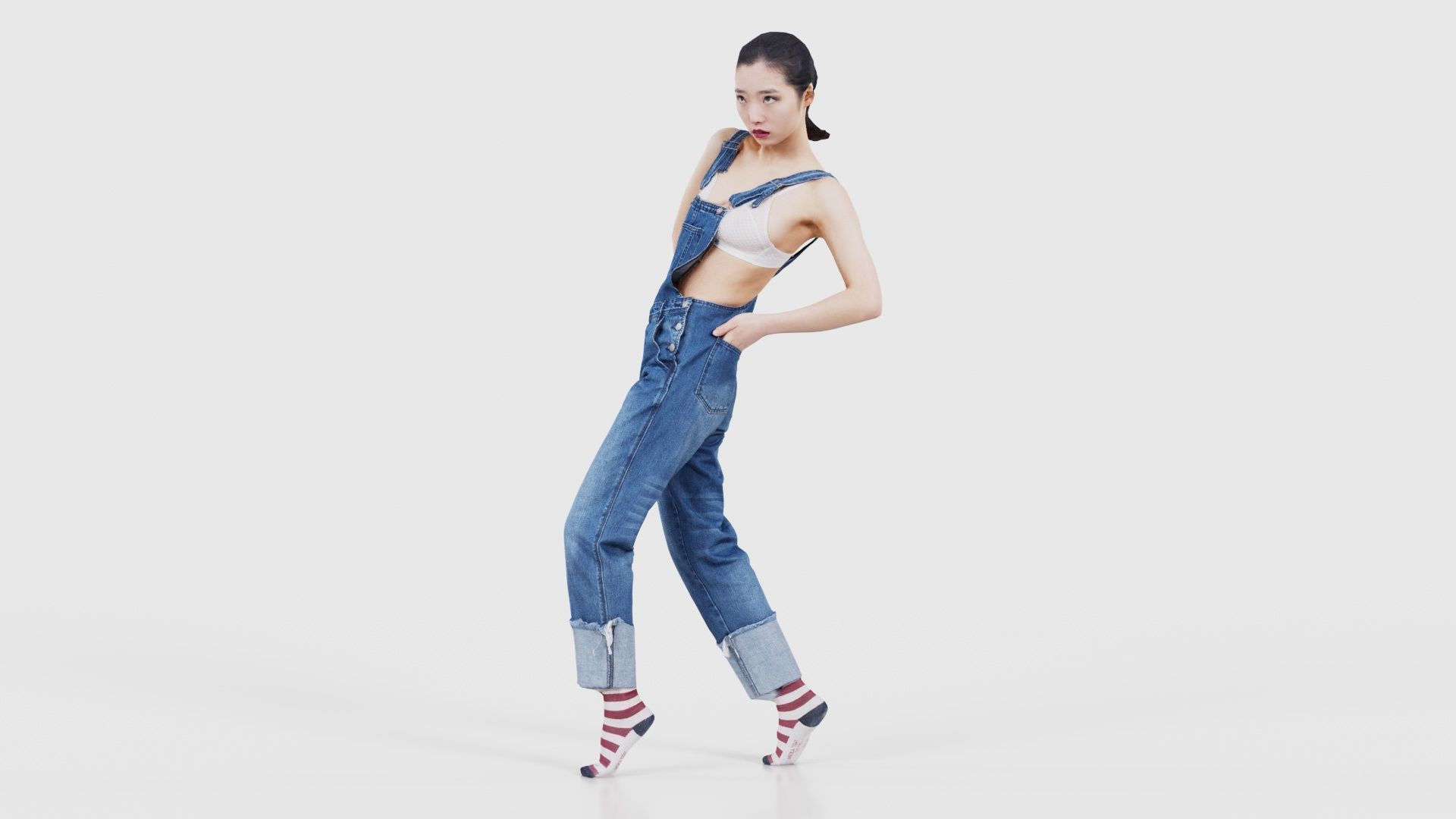 Asian Woman Wearing Jeans Salopet 023 Low-poly 3D model_26