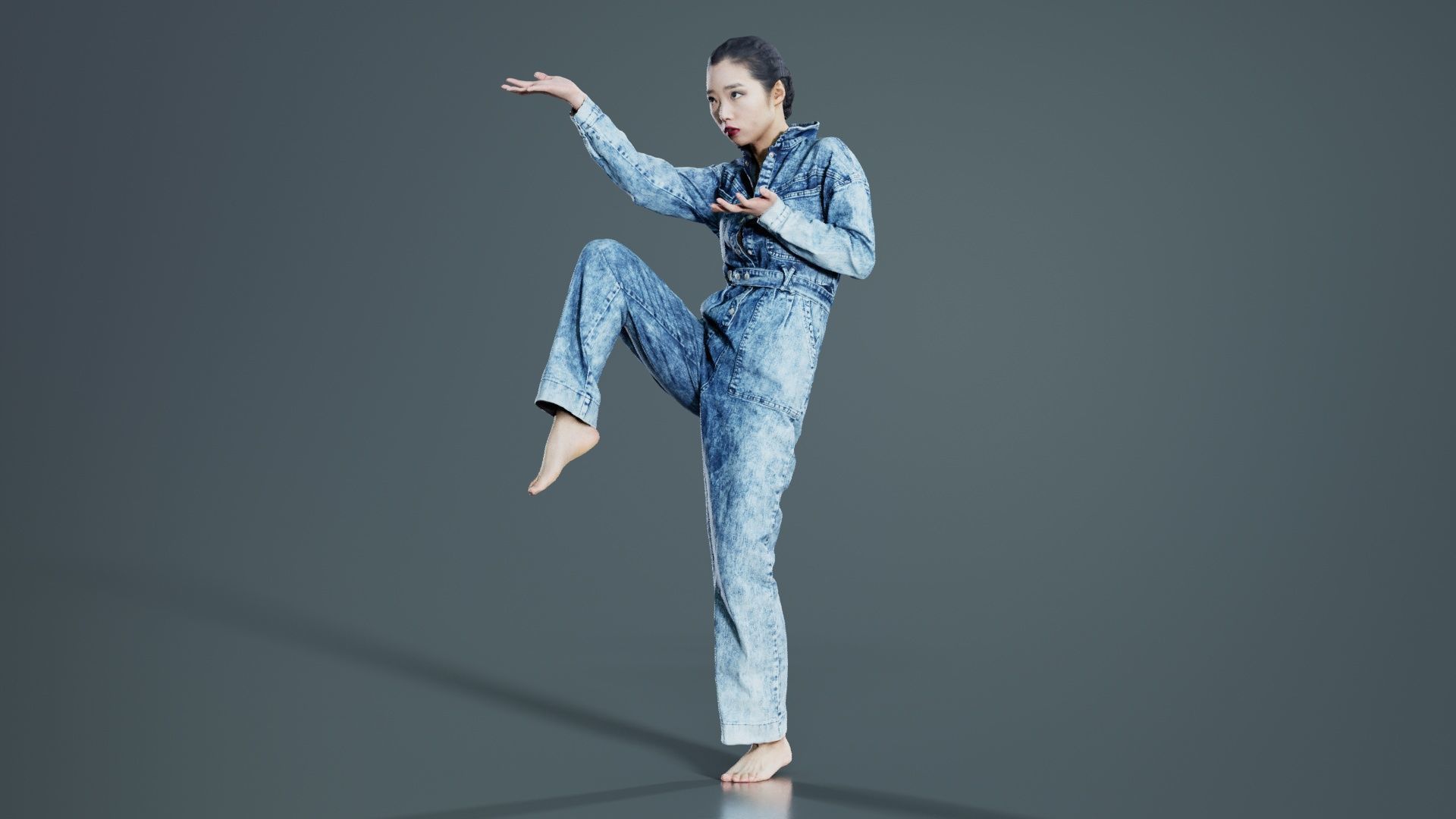 Asian Woman Wearing Jeans Salopet 025 Low-poly 3D model_4