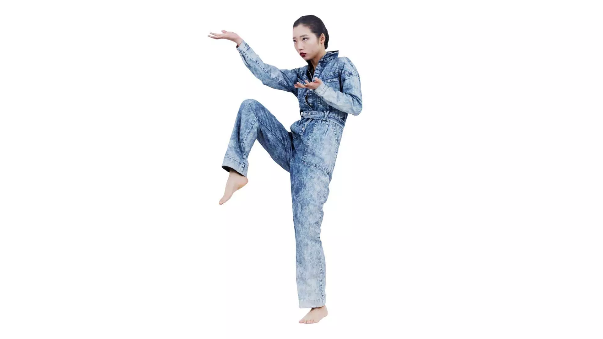 Asian Woman Wearing Jeans Salopet 025 Low-poly 3D model_0