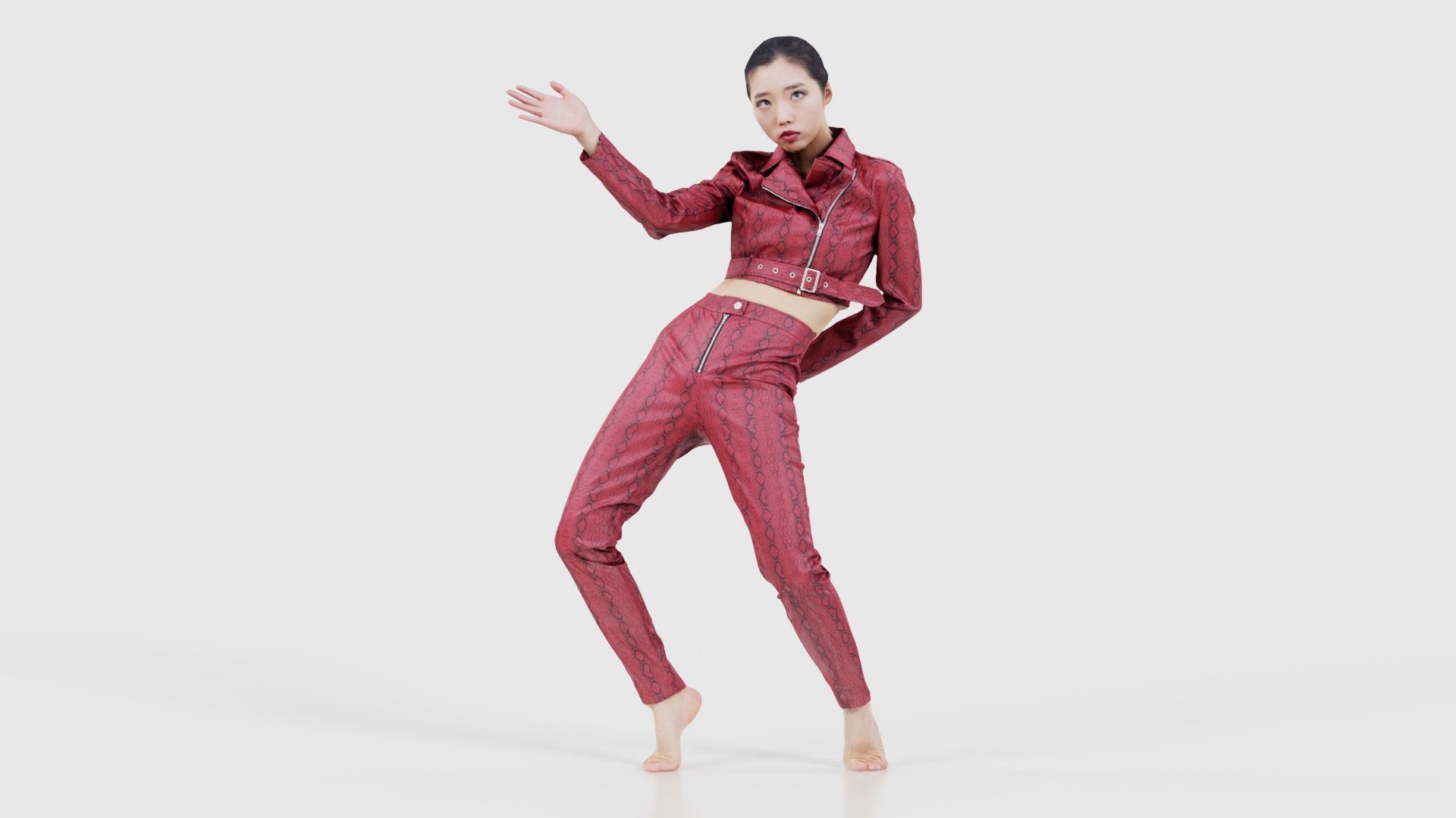 Asian Woman Wearing Red Leather Snake Print Outfit 003 Low-poly 3D model_15