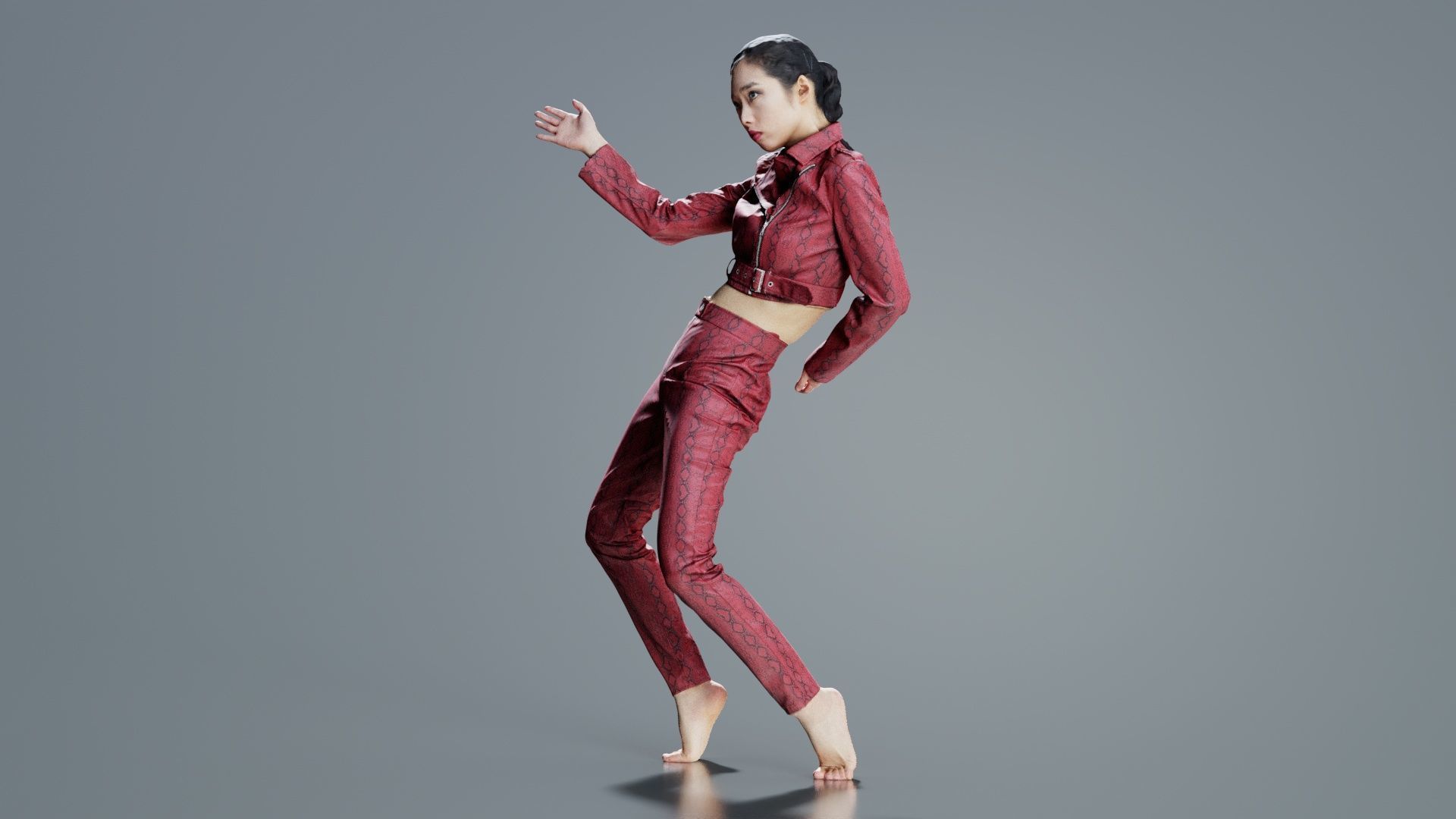 Asian Woman Wearing Red Leather Snake Print Outfit 003 Low-poly 3D model_6