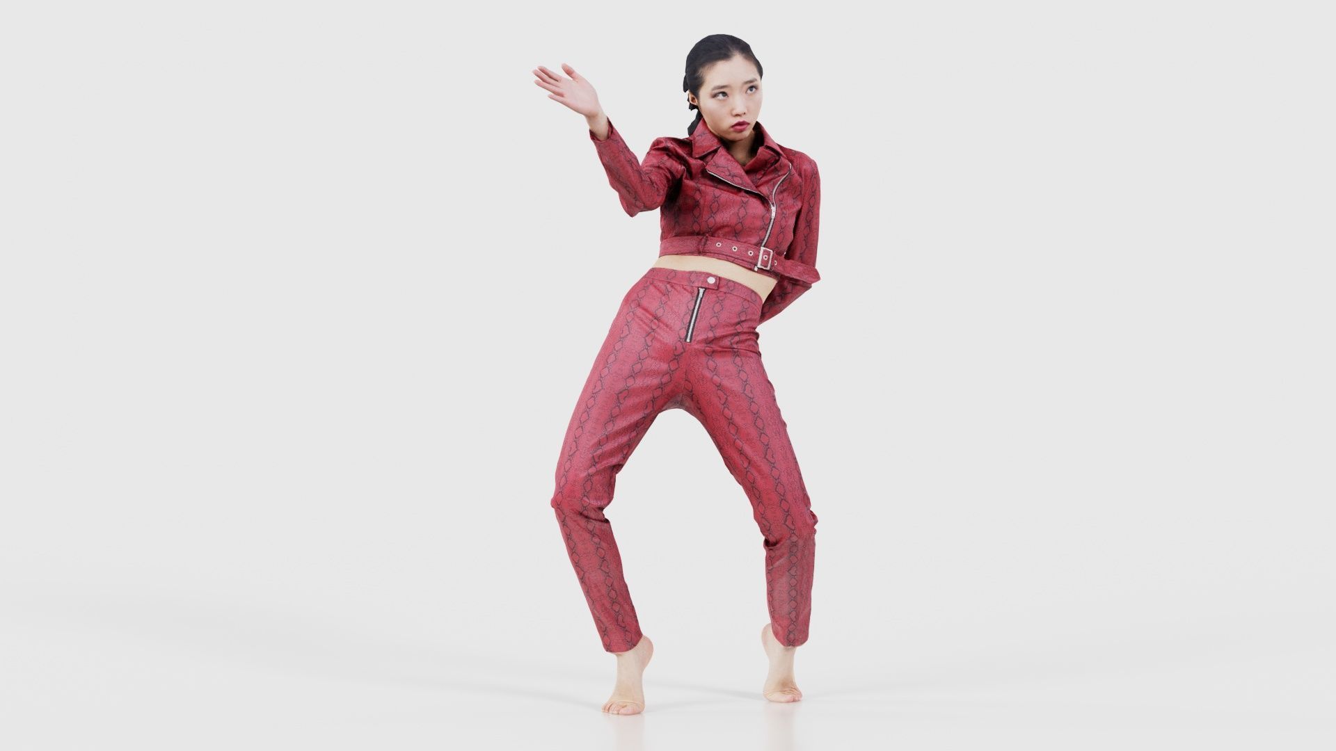 Asian Woman Wearing Red Leather Snake Print Outfit 003 Low-poly 3D model_16