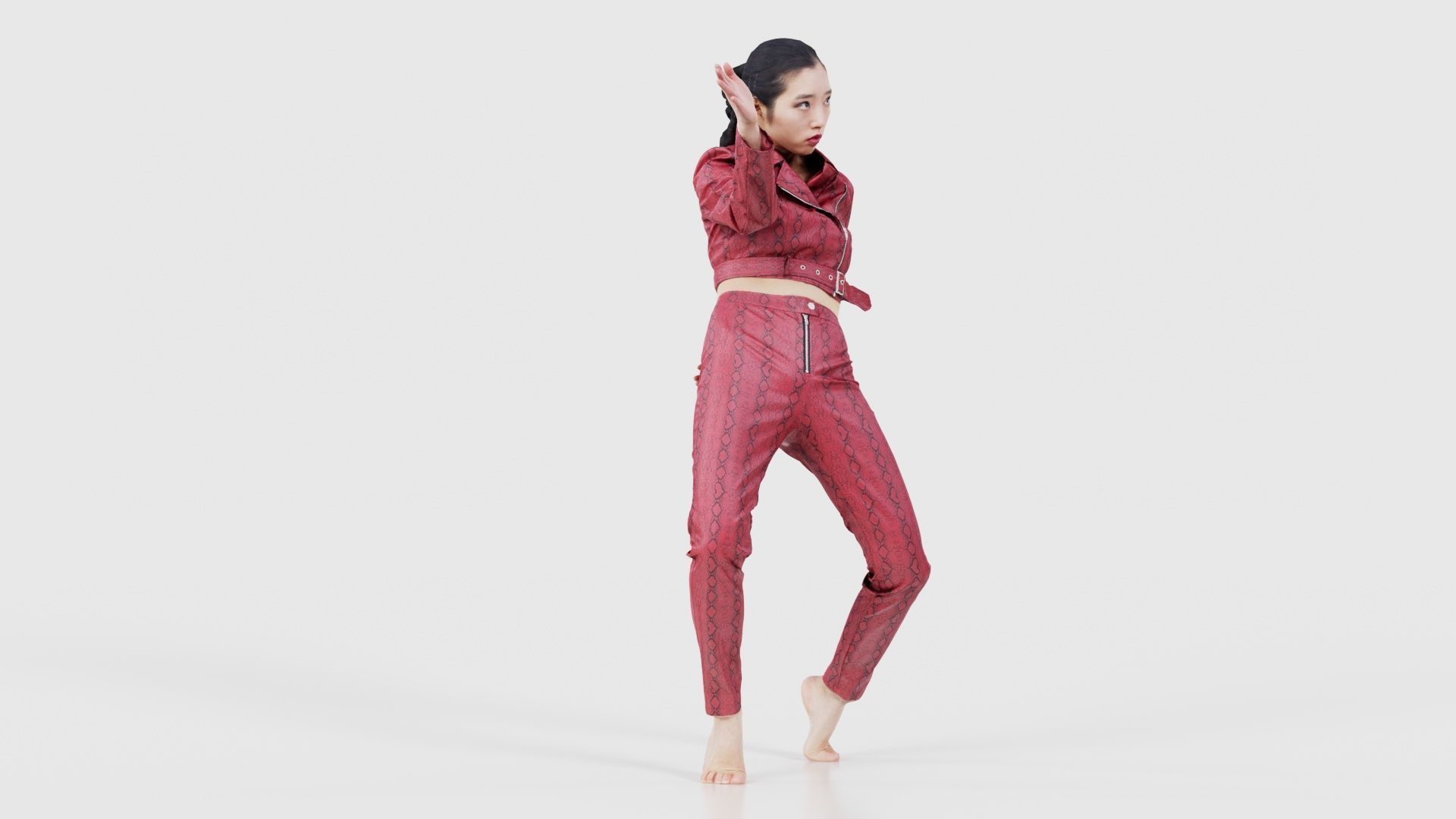 Asian Woman Wearing Red Leather Snake Print Outfit 003 Low-poly 3D model_17