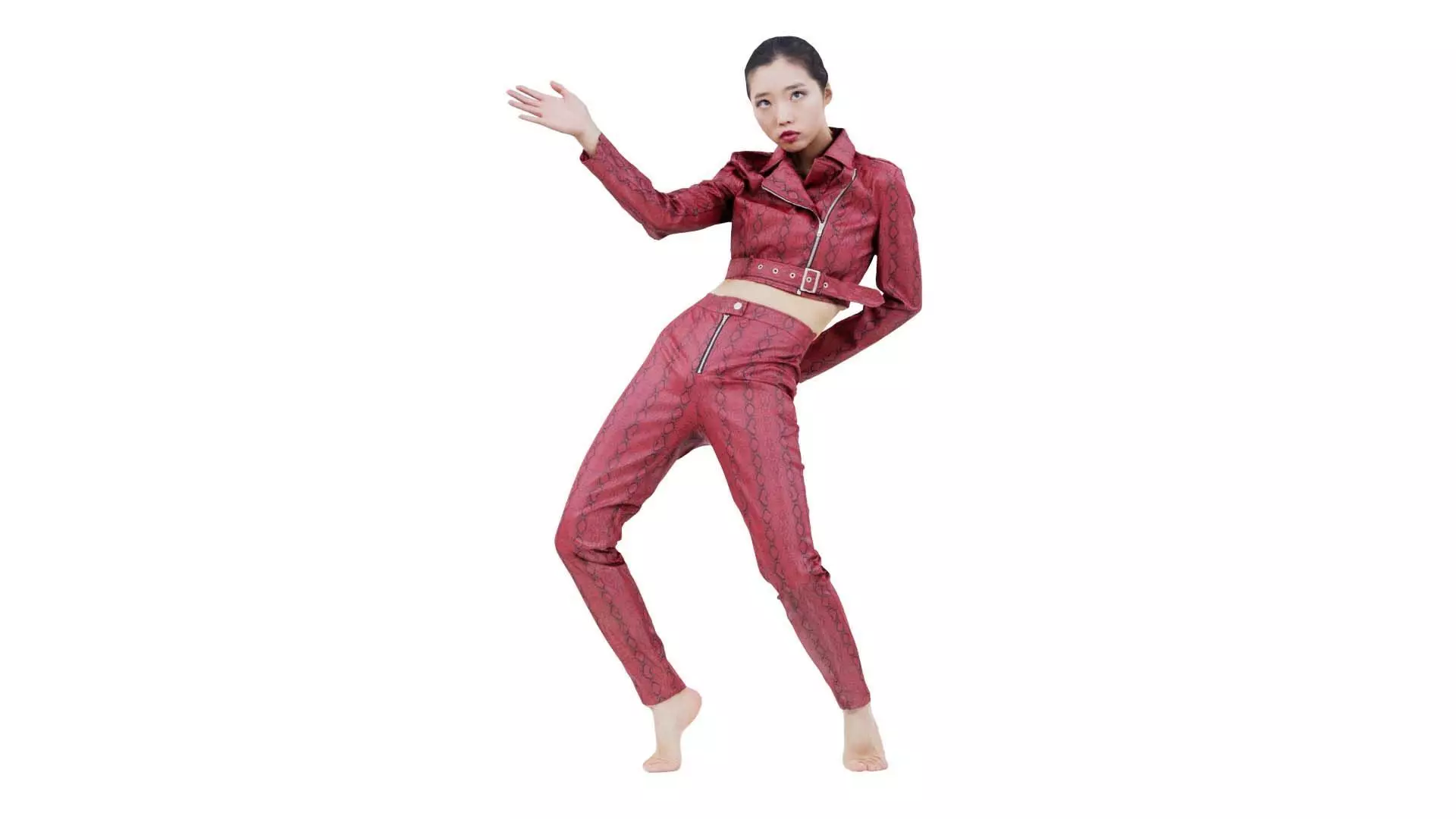 Asian Woman Wearing Red Leather Snake Print Outfit 003 Low-poly 3D model_0