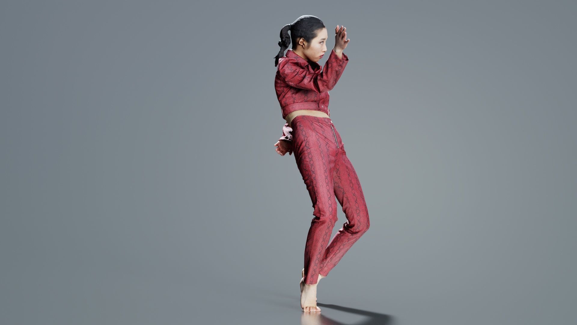 Asian Woman Wearing Red Leather Snake Print Outfit 003 Low-poly 3D model_2