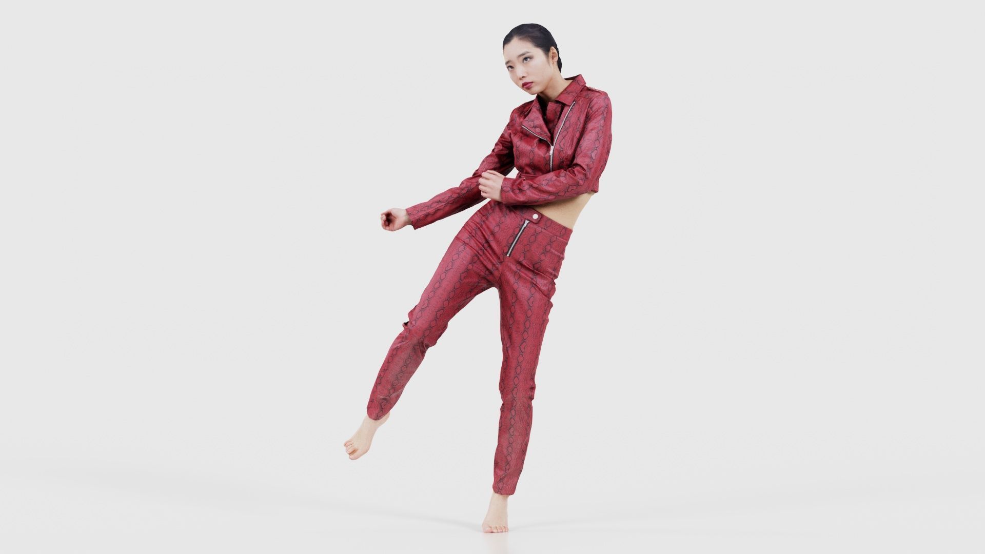 Asian Woman Wearing Red Leather Snake Print Outfit 006 Low-poly 3D model_15