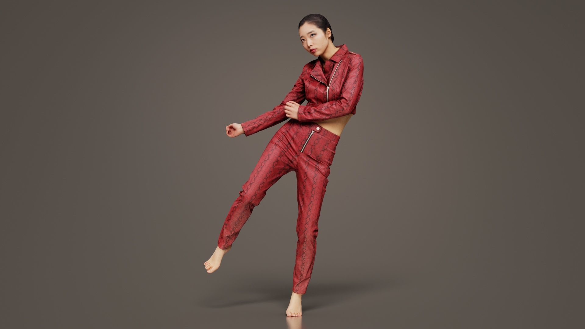 Asian Woman Wearing Red Leather Snake Print Outfit 006 Low-poly 3D model_8