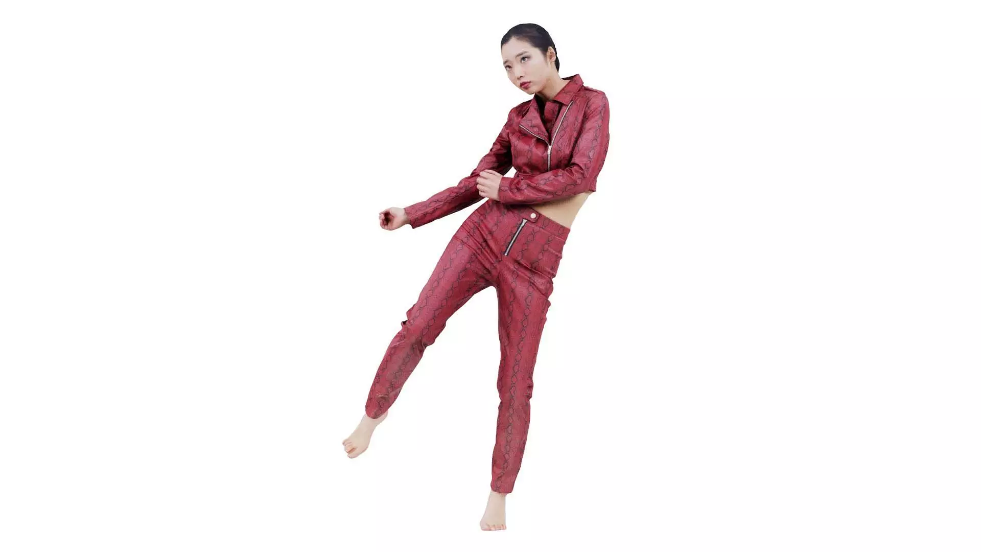 Asian Woman Wearing Red Leather Snake Print Outfit 006 Low-poly 3D model_0