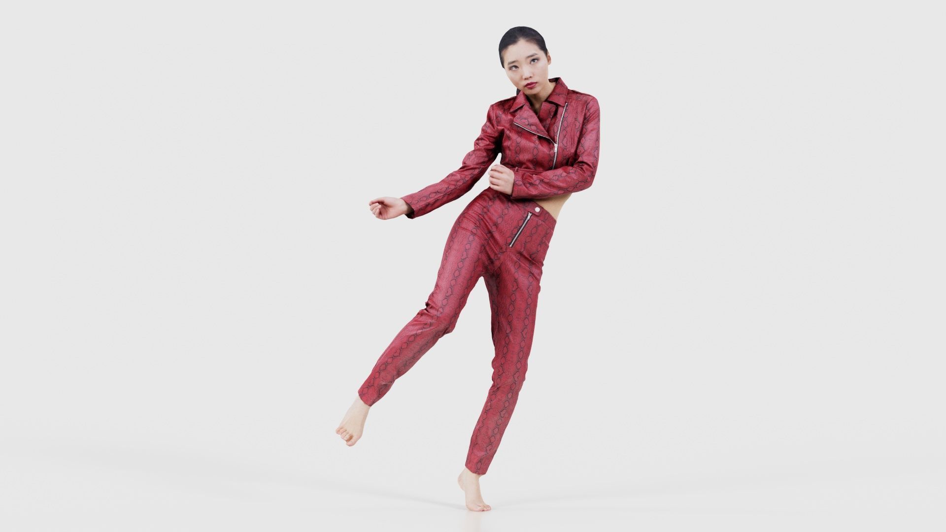 Asian Woman Wearing Red Leather Snake Print Outfit 006 Low-poly 3D model_16