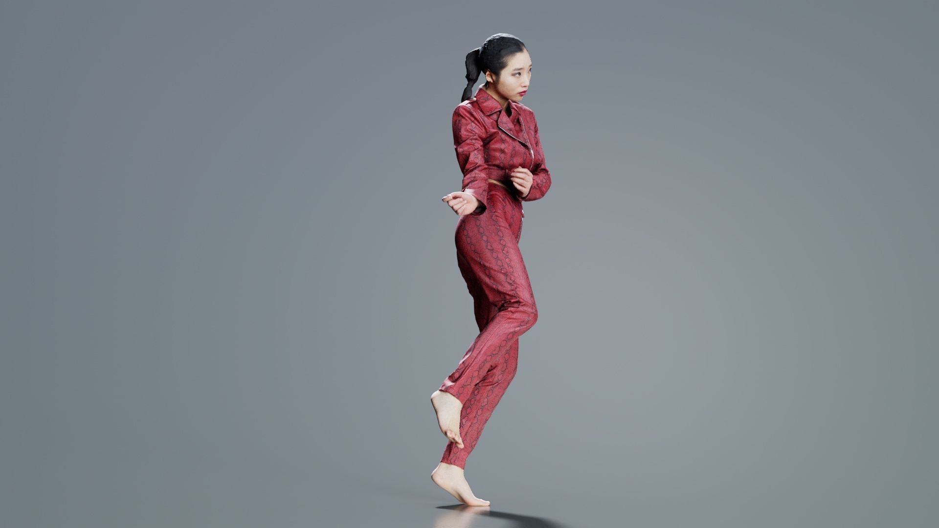 Asian Woman Wearing Red Leather Snake Print Outfit 006 Low-poly 3D model_1