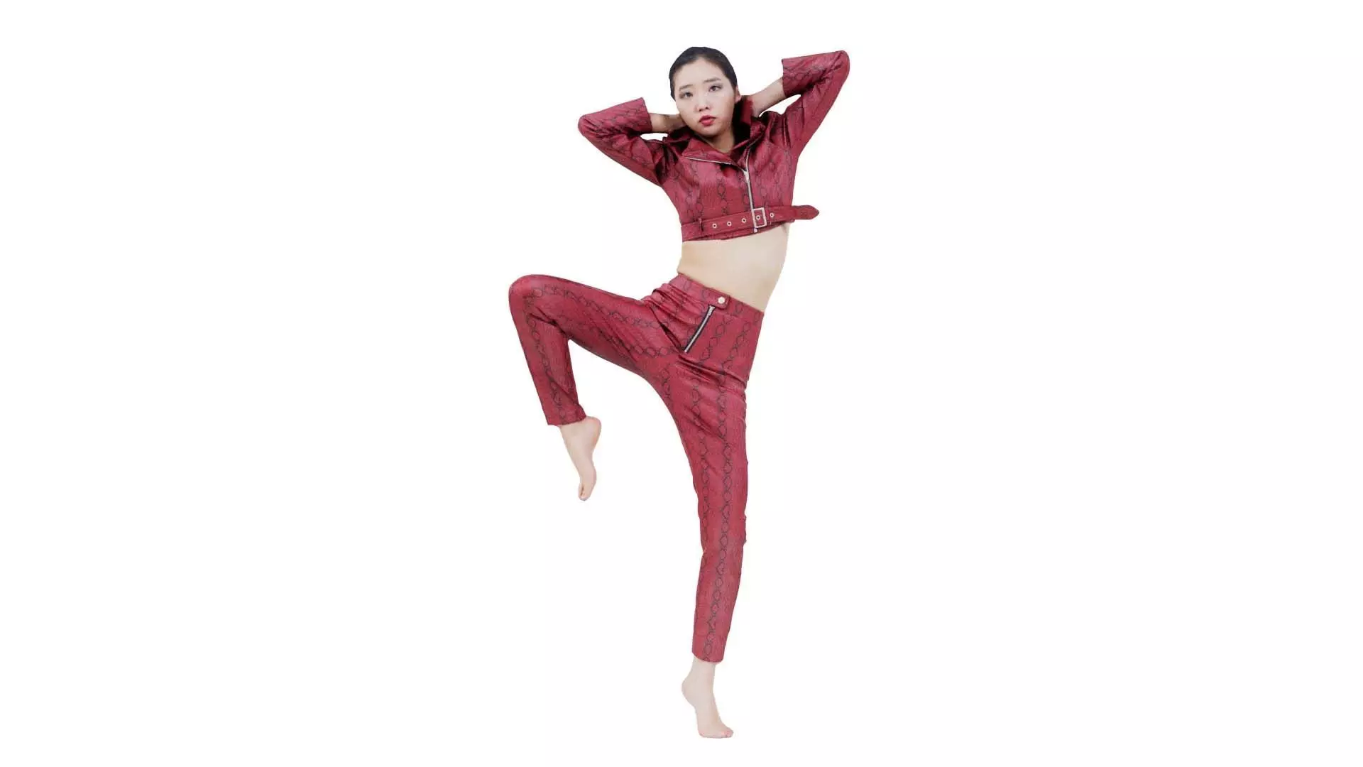 Asian Woman Wearing Red Leather Snake Print Outfit 012 Low-poly 3D model_0