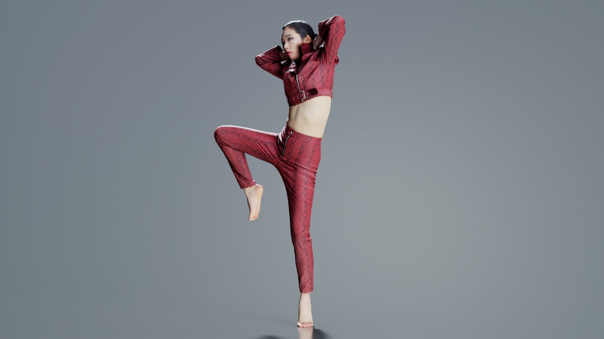 Asian Woman Wearing Red Leather Snake Print Outfit 012 Low-poly 3D model_8