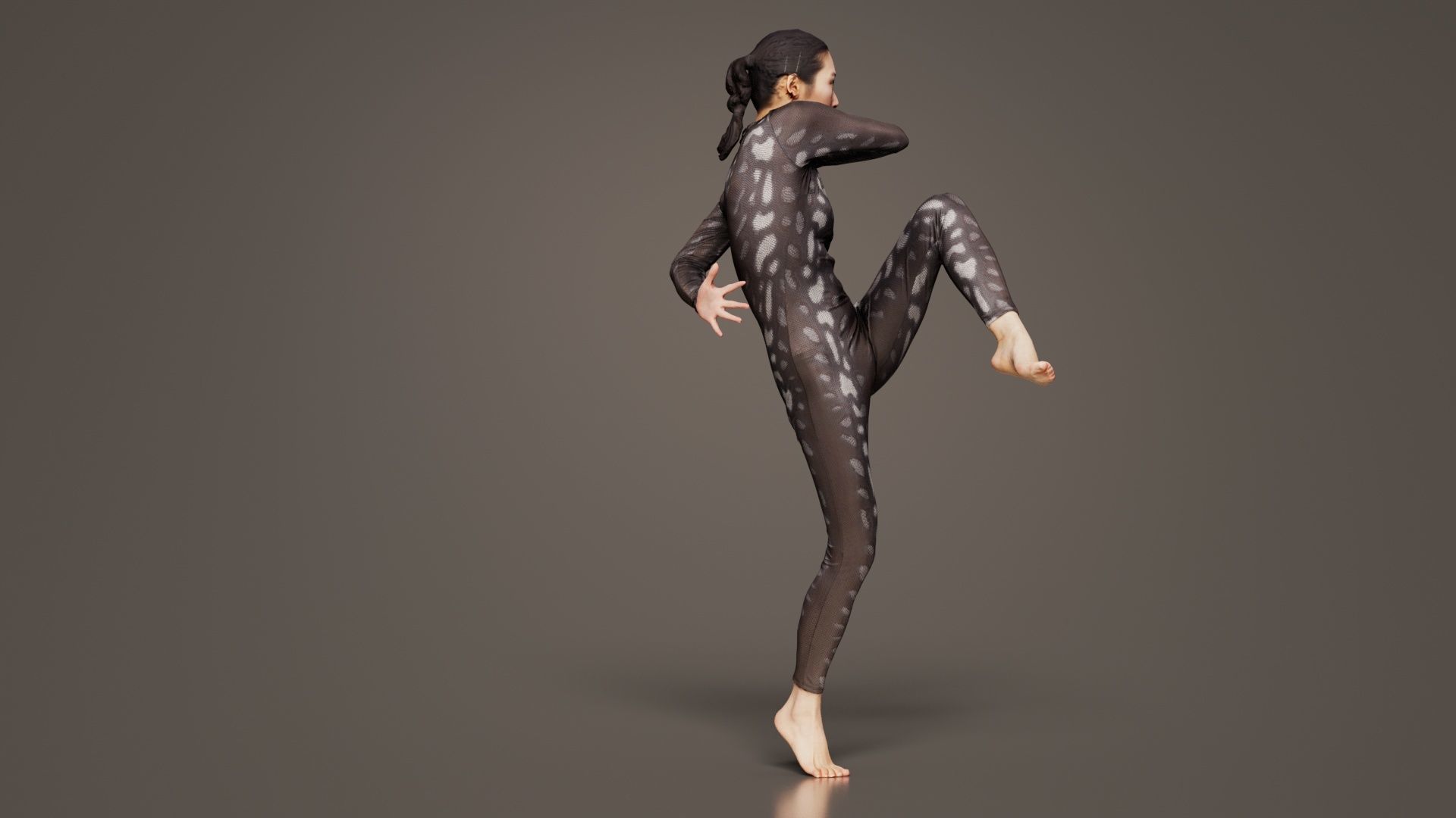 Asian Woman Wearing Snake Print Catsuit 010 Low-poly 3D model_1