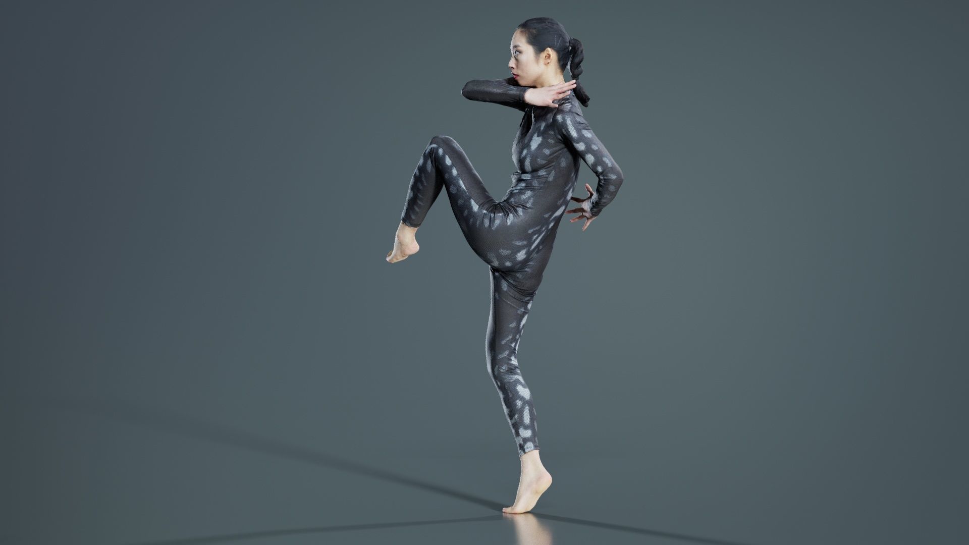 Asian Woman Wearing Snake Print Catsuit 010 Low-poly 3D model_4