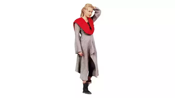 Blonde in Knit Grey Dress and Red Scarf