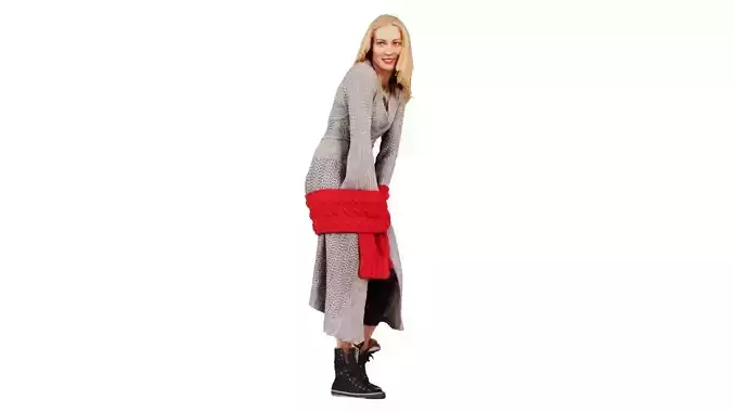 Blonde in Knit Grey Dress and Red Scarf Posing