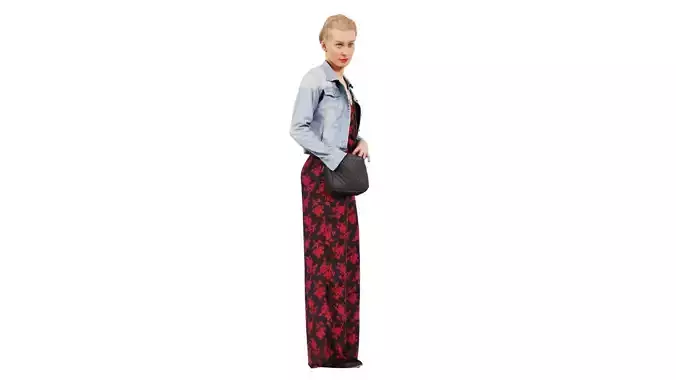 Blonde in Red Flower Pants and Jeans Jacket Purse