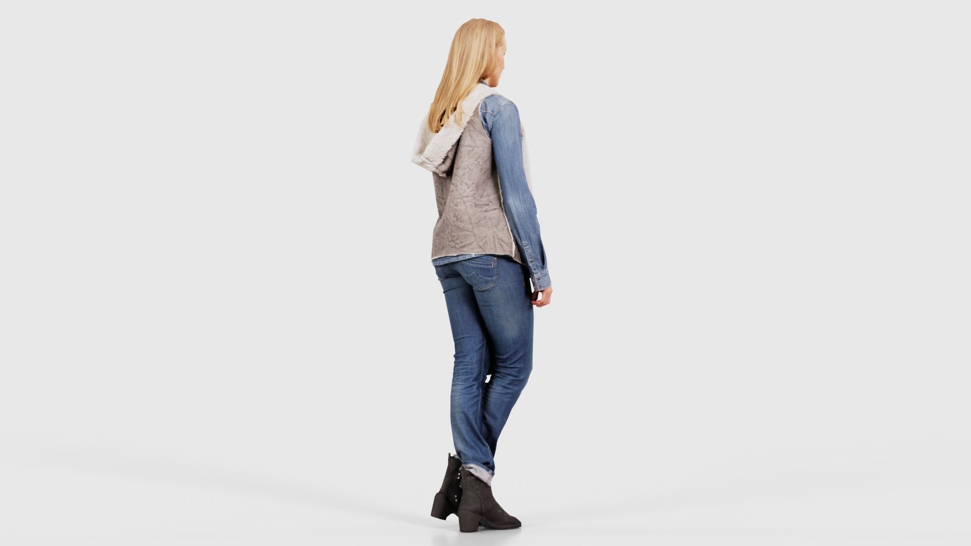 Blonde Model in Jeans Outfit Holding Cap Low-poly 3D model_20