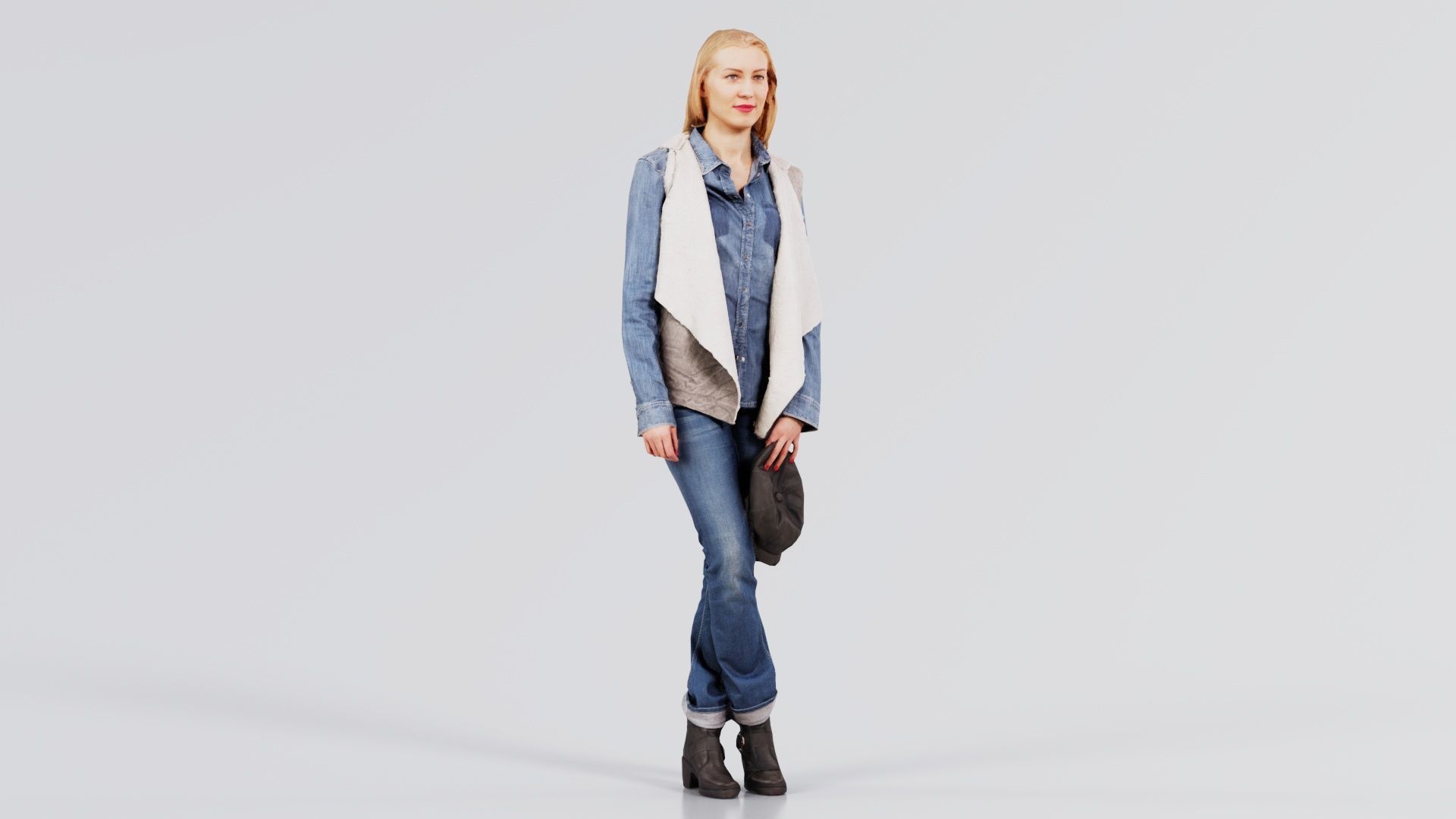 Blonde Model in Jeans Outfit Holding Cap Low-poly 3D model_2