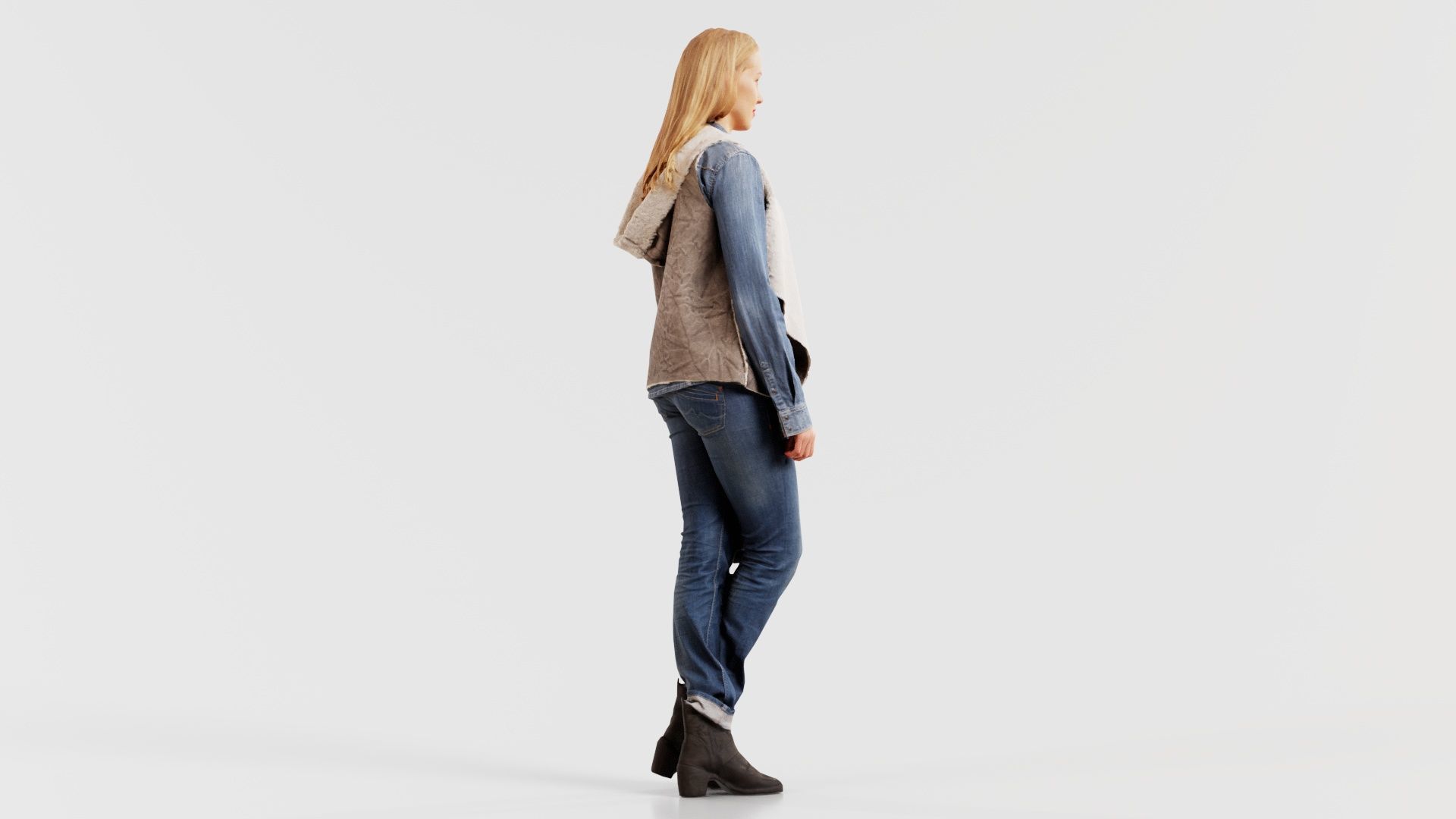Blonde Model in Jeans Outfit Holding Cap Low-poly 3D model_4
