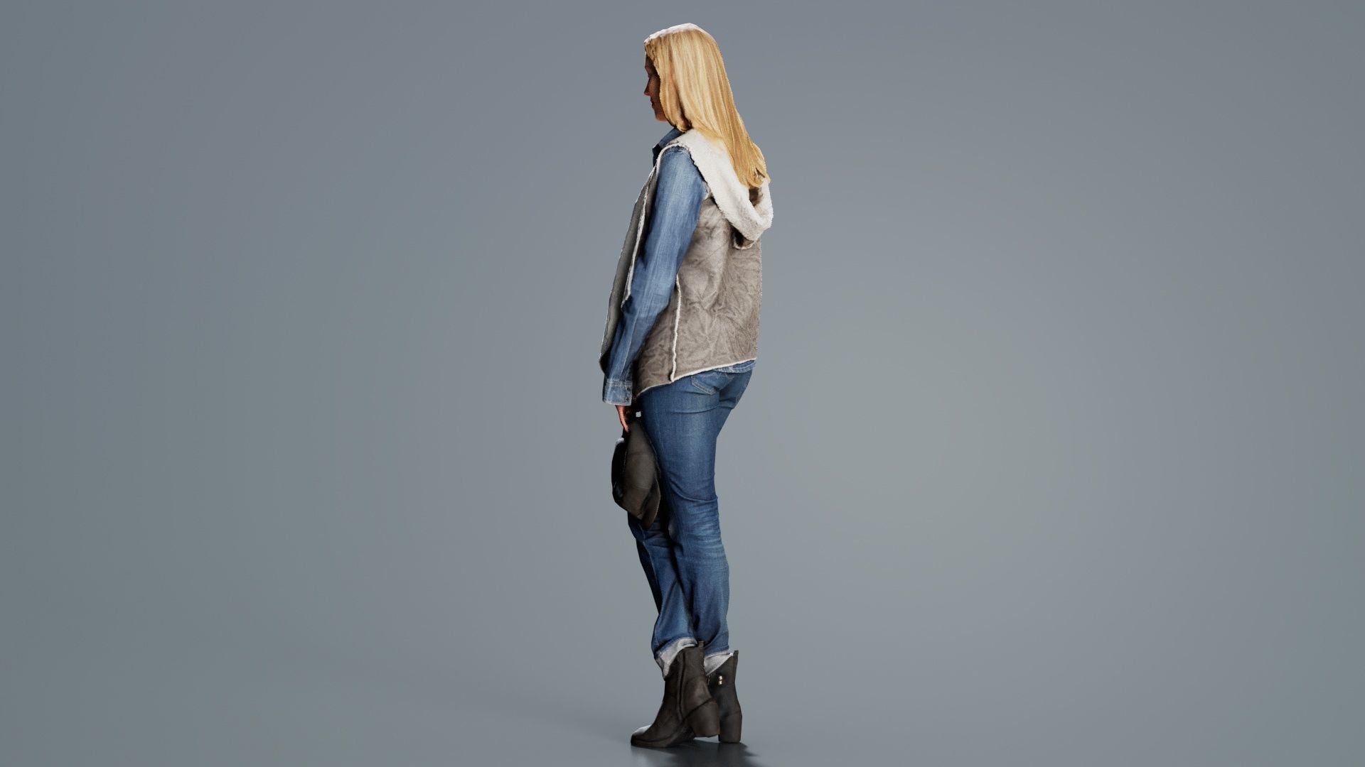 Blonde Model in Jeans Outfit Holding Cap Low-poly 3D model_7