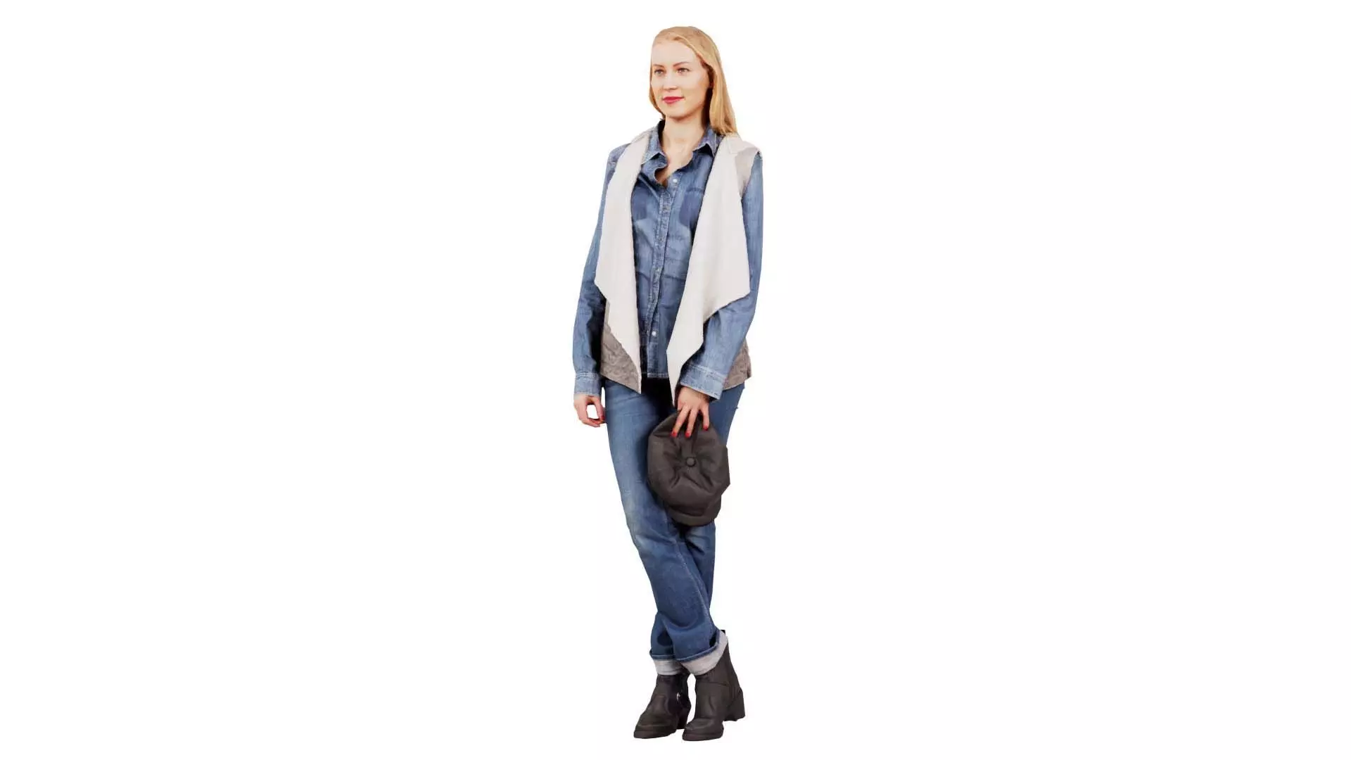 Blonde Model in Jeans Outfit Holding Cap Low-poly 3D model_0