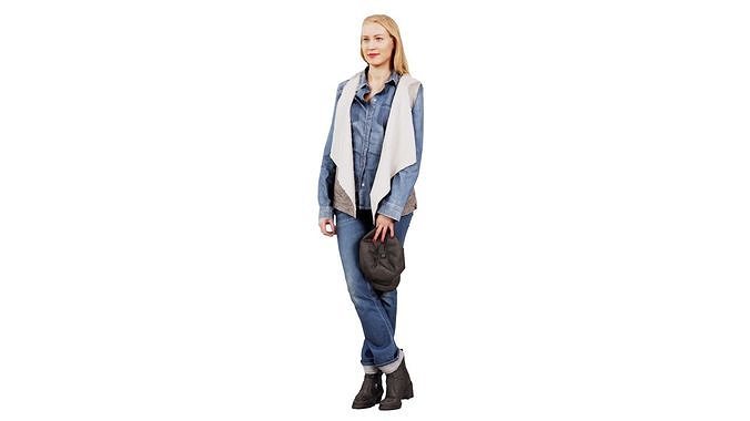Blonde Model in Jeans Outfit Holding Cap Low-poly 3D model