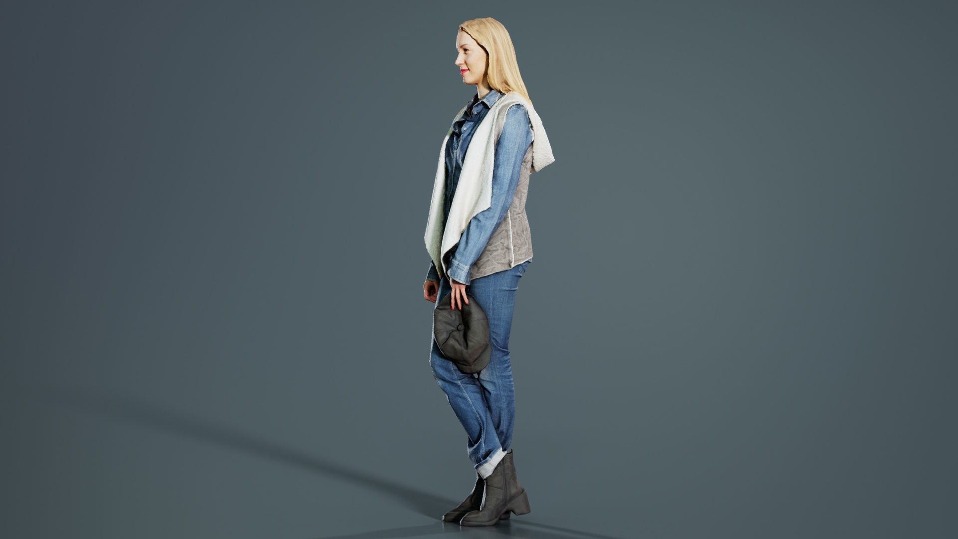 Blonde Model in Jeans Outfit Holding Cap Low-poly 3D model_3