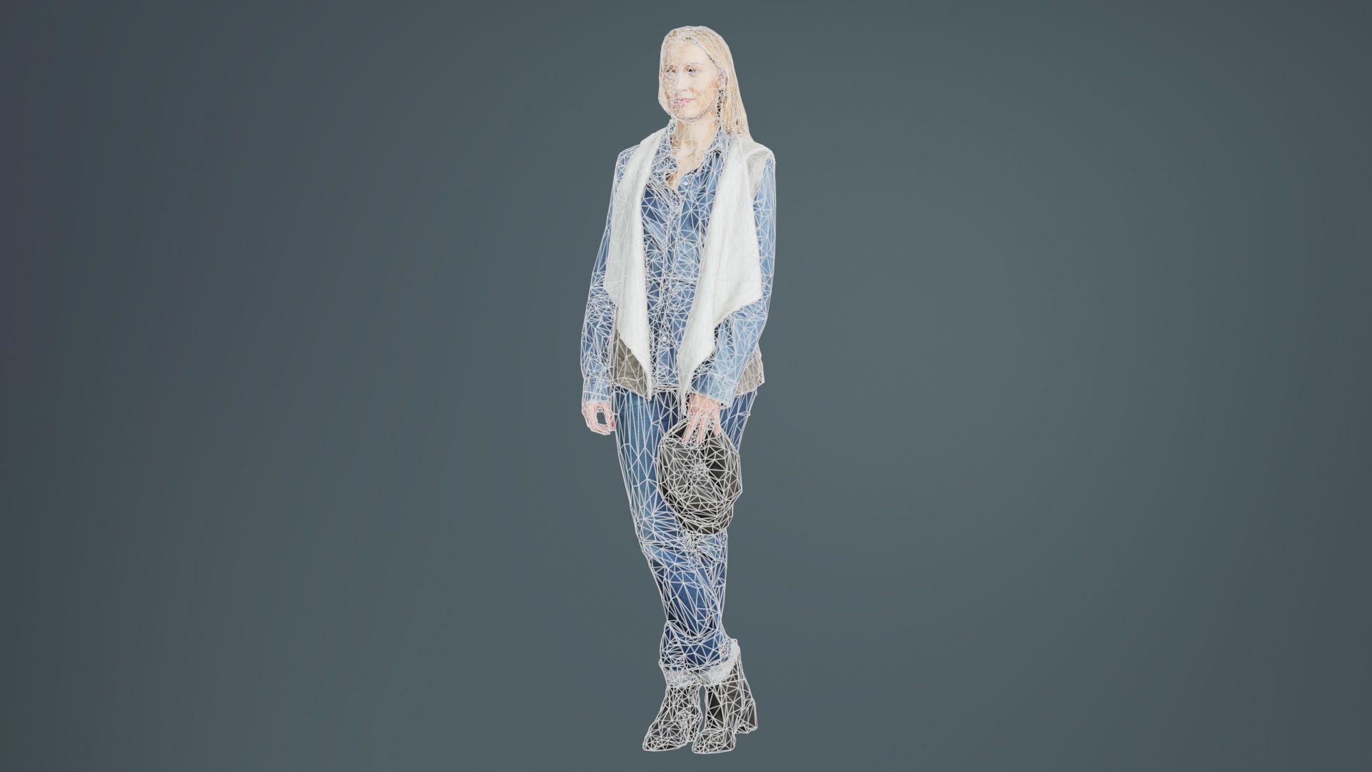 Blonde Model in Jeans Outfit Holding Cap Low-poly 3D model_9