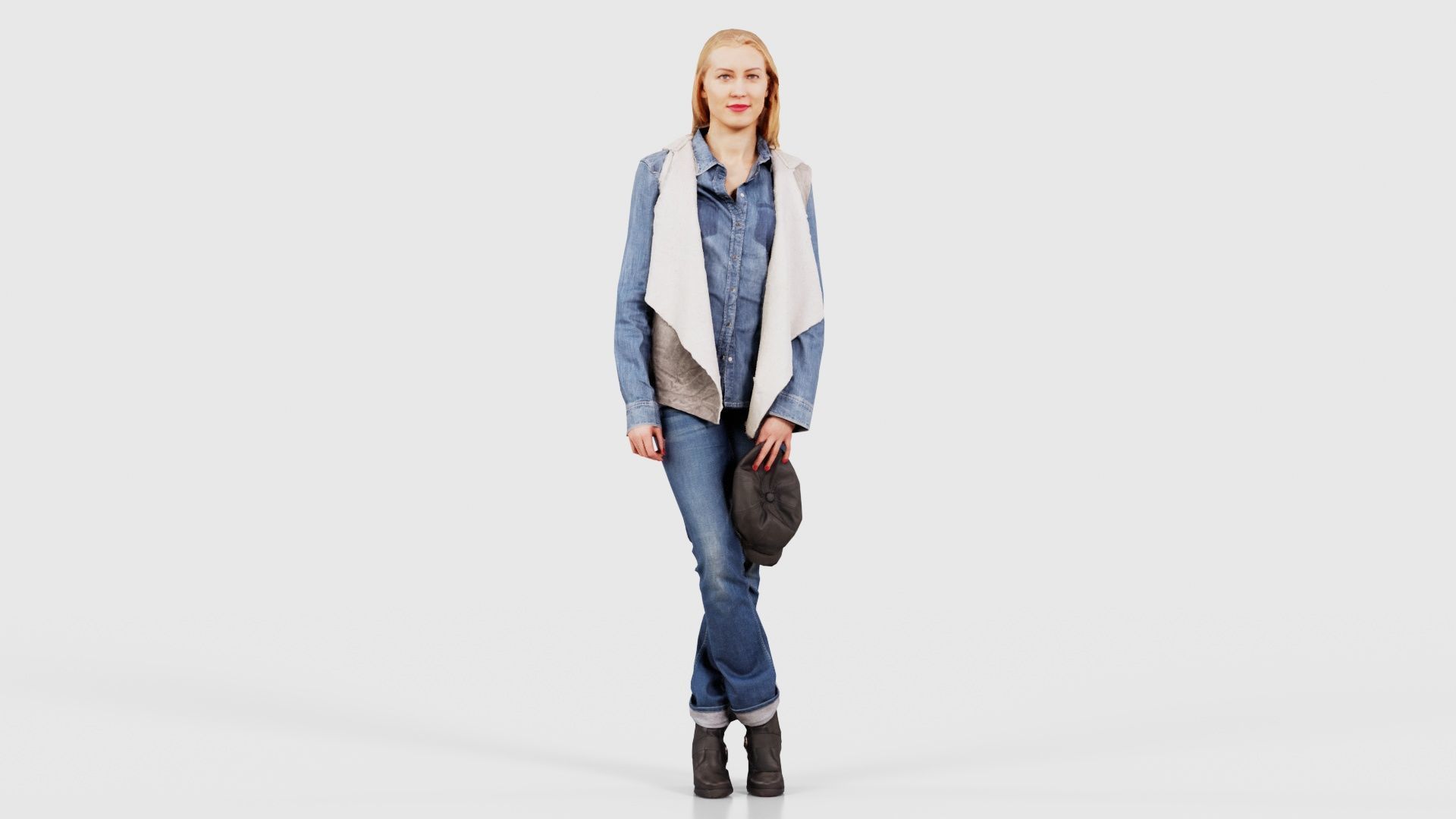 Blonde Model in Jeans Outfit Holding Cap Low-poly 3D model_16