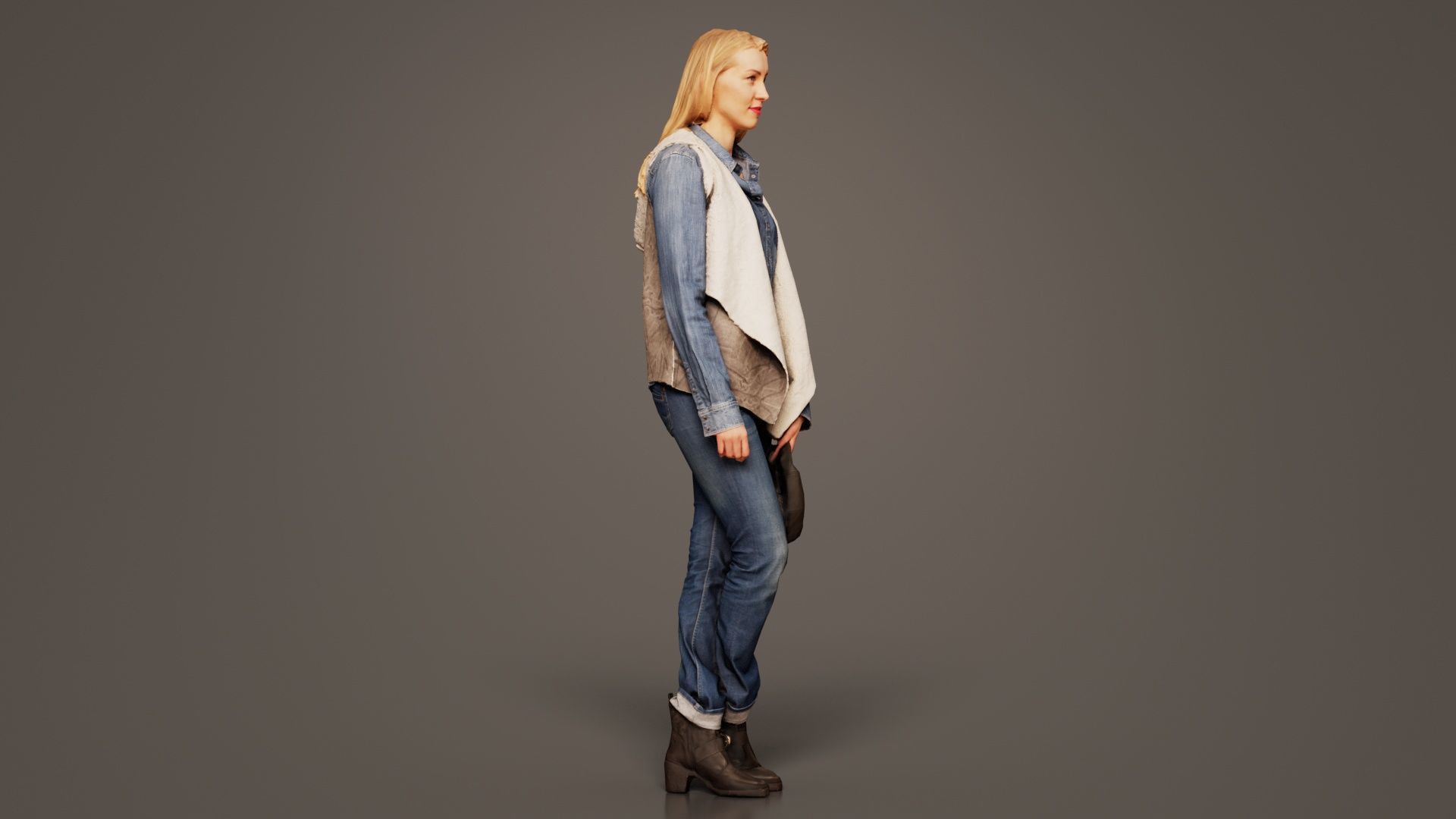 Blonde Model in Jeans Outfit Holding Cap Low-poly 3D model_5