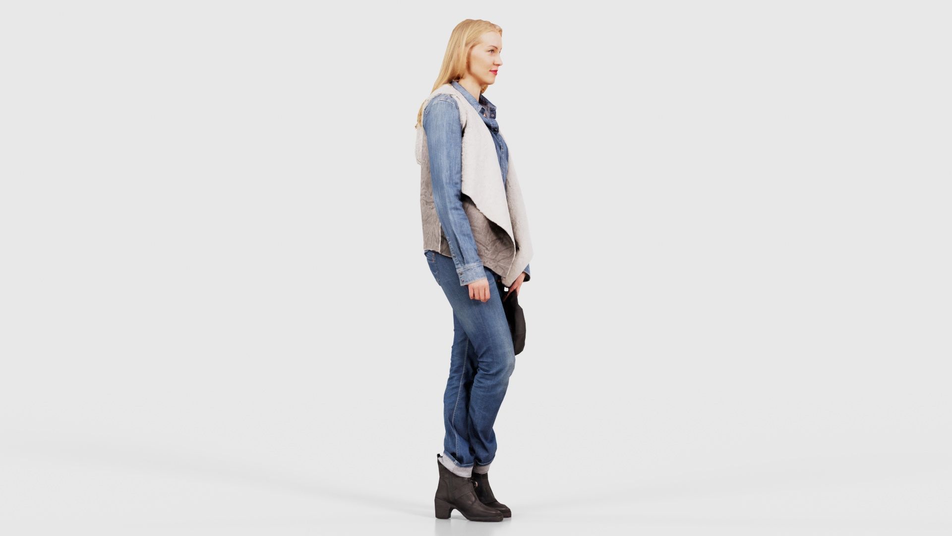 Blonde Model in Jeans Outfit Holding Cap Low-poly 3D model_18
