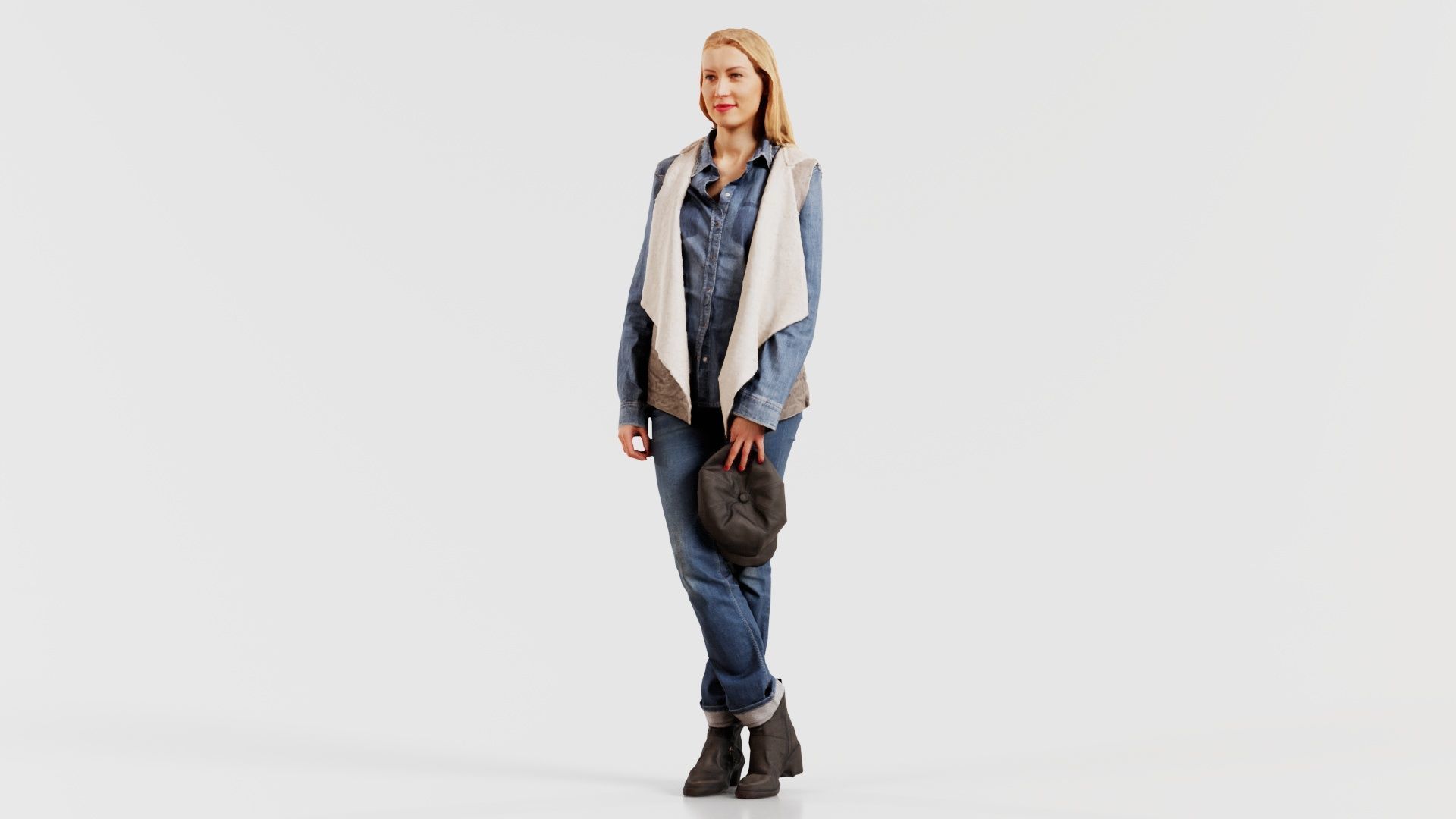 Blonde Model in Jeans Outfit Holding Cap Low-poly 3D model_8