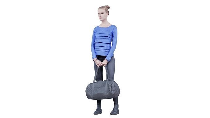 Blue Dress Woman in Leather Pants Holding Sportsbag Low-poly 3D model