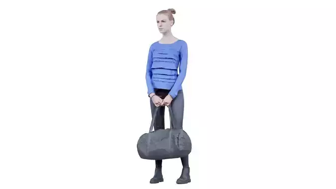 Blue Dress Woman in Leather Pants Holding Sportsbag