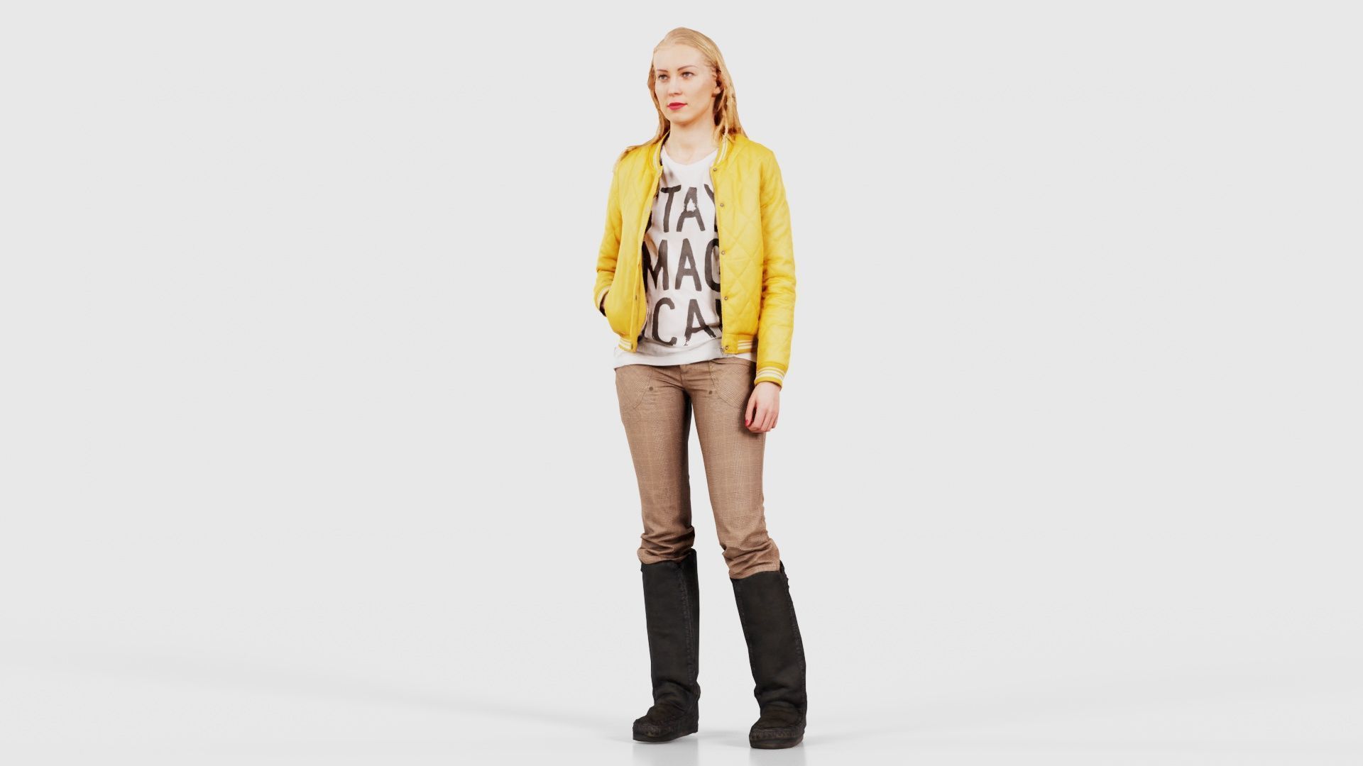 Casual Blonde Model in Yellow Jacket and Boots Low-poly 3D model_25