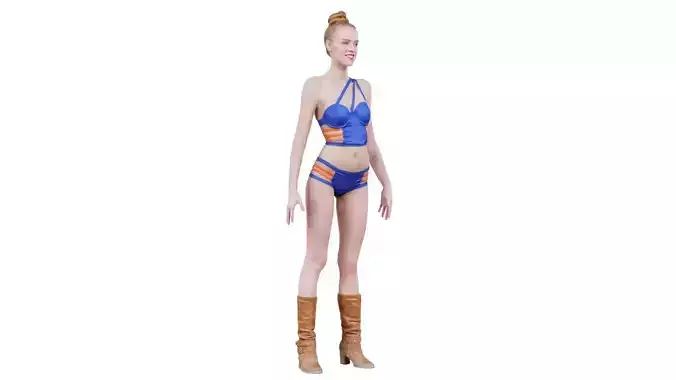 Sexy Woman in Blue and Orange Swimsuit Bikini Standard Pose