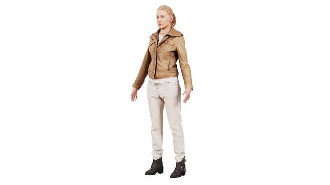 Standard Pose Casual Blonde in Brown Leather Jacket and Jeans Low-poly 3D model