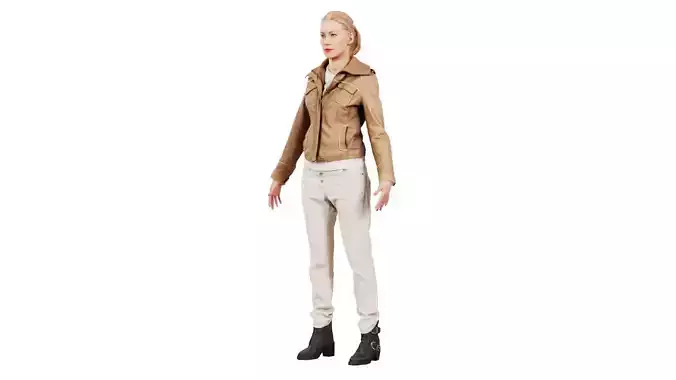 Standard Pose Casual Blonde in Brown Leather Jacket and Jeans
