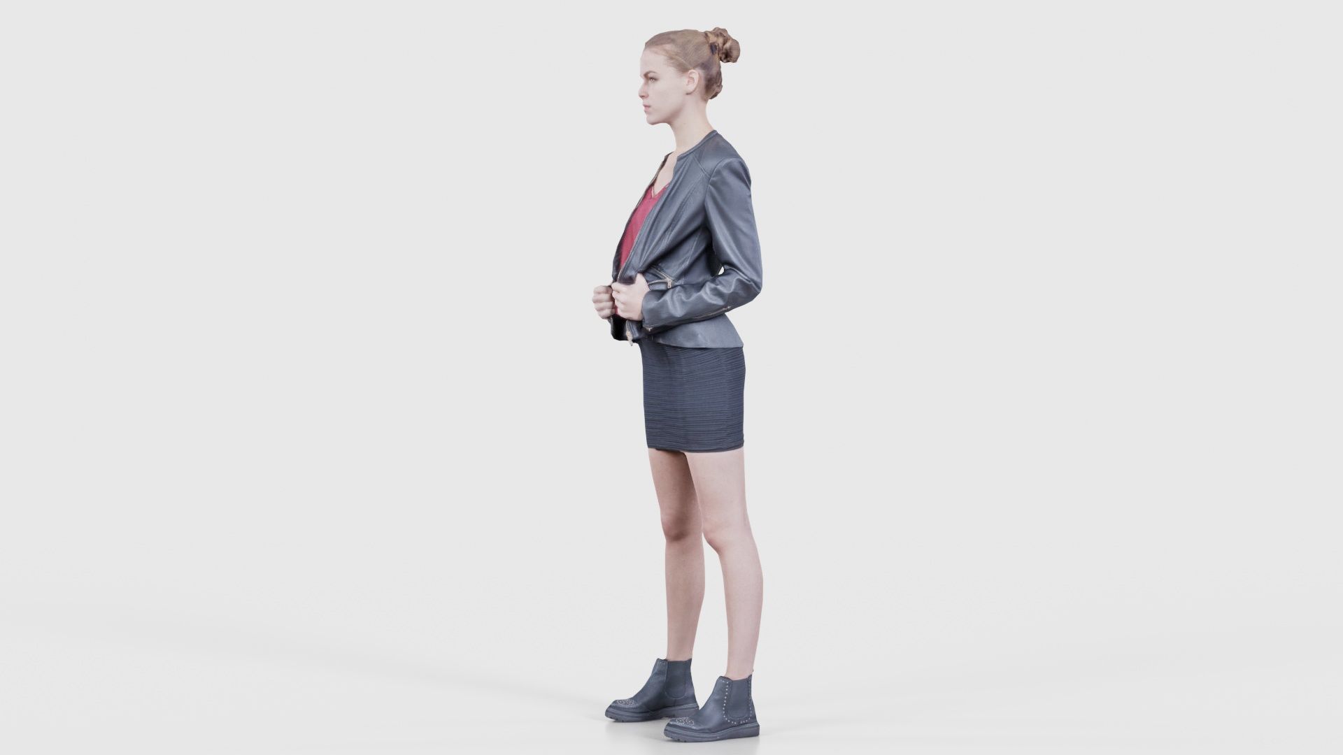 Tough Look Woman in Leather Jacket and Red Top Low-poly 3D model_27