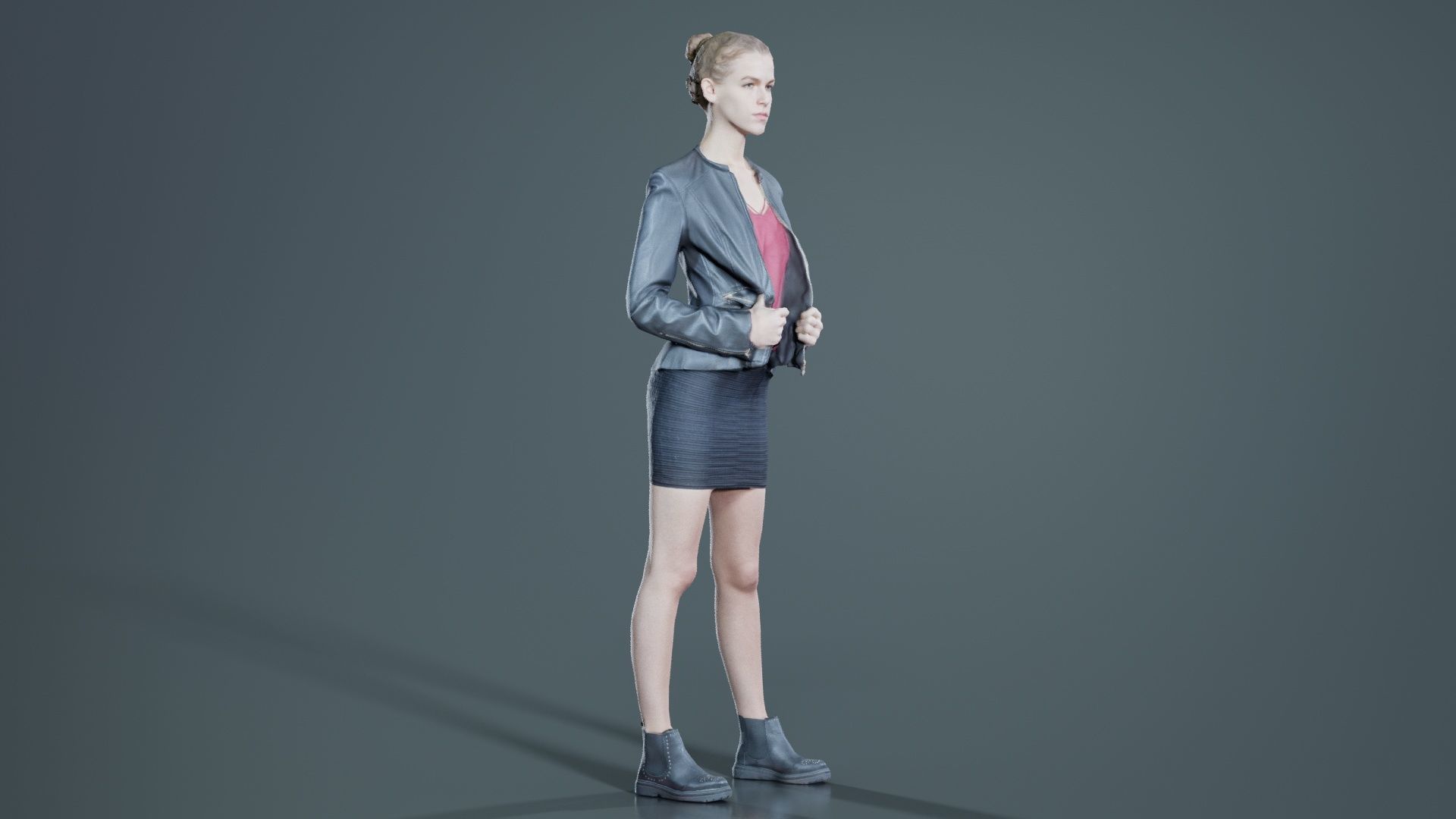 Tough Look Woman in Leather Jacket and Red Top Low-poly 3D model_5
