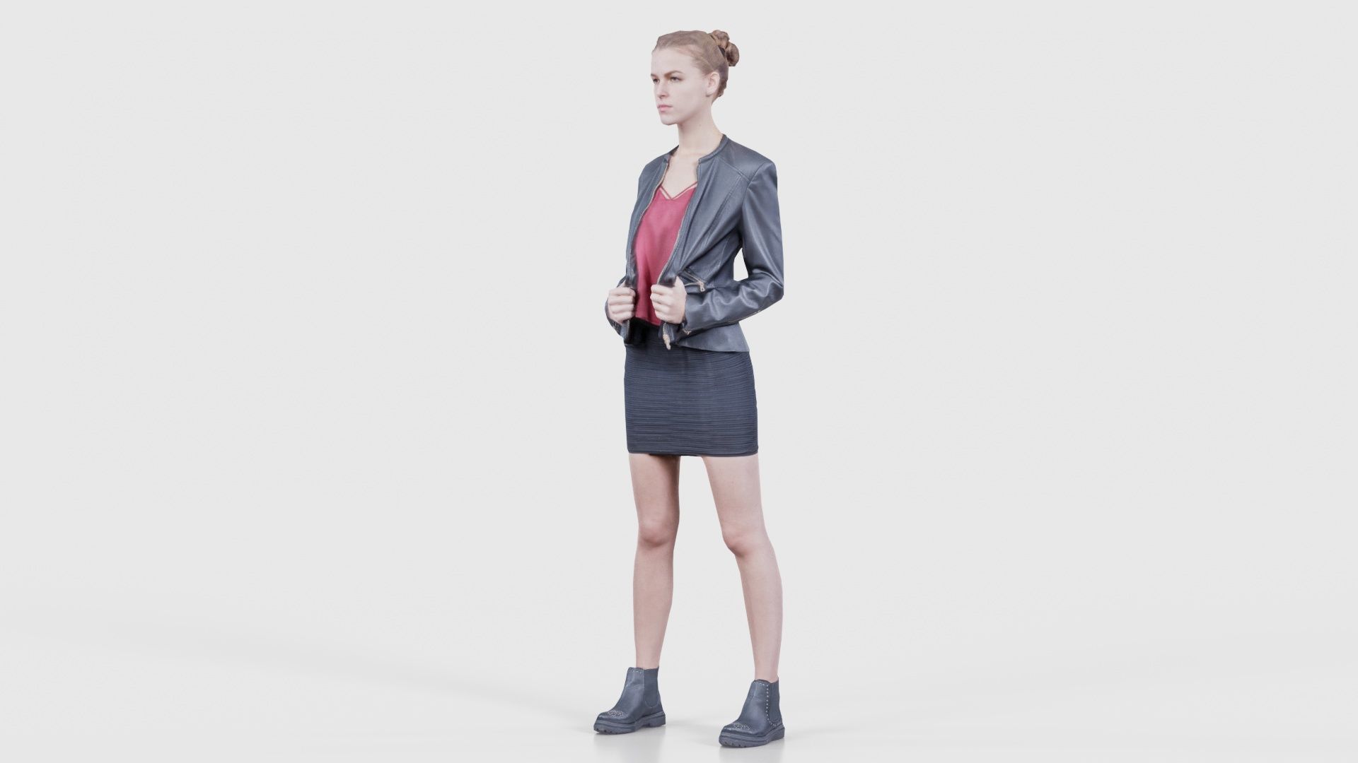 Tough Look Woman in Leather Jacket and Red Top Low-poly 3D model_15