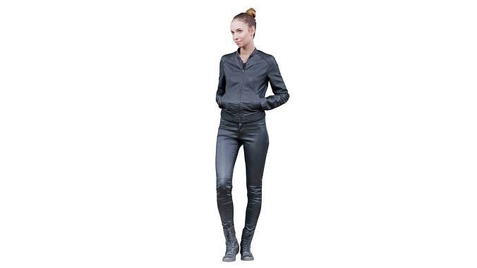 Walking Woman in Shiny Black Outfit Low-poly 3D model