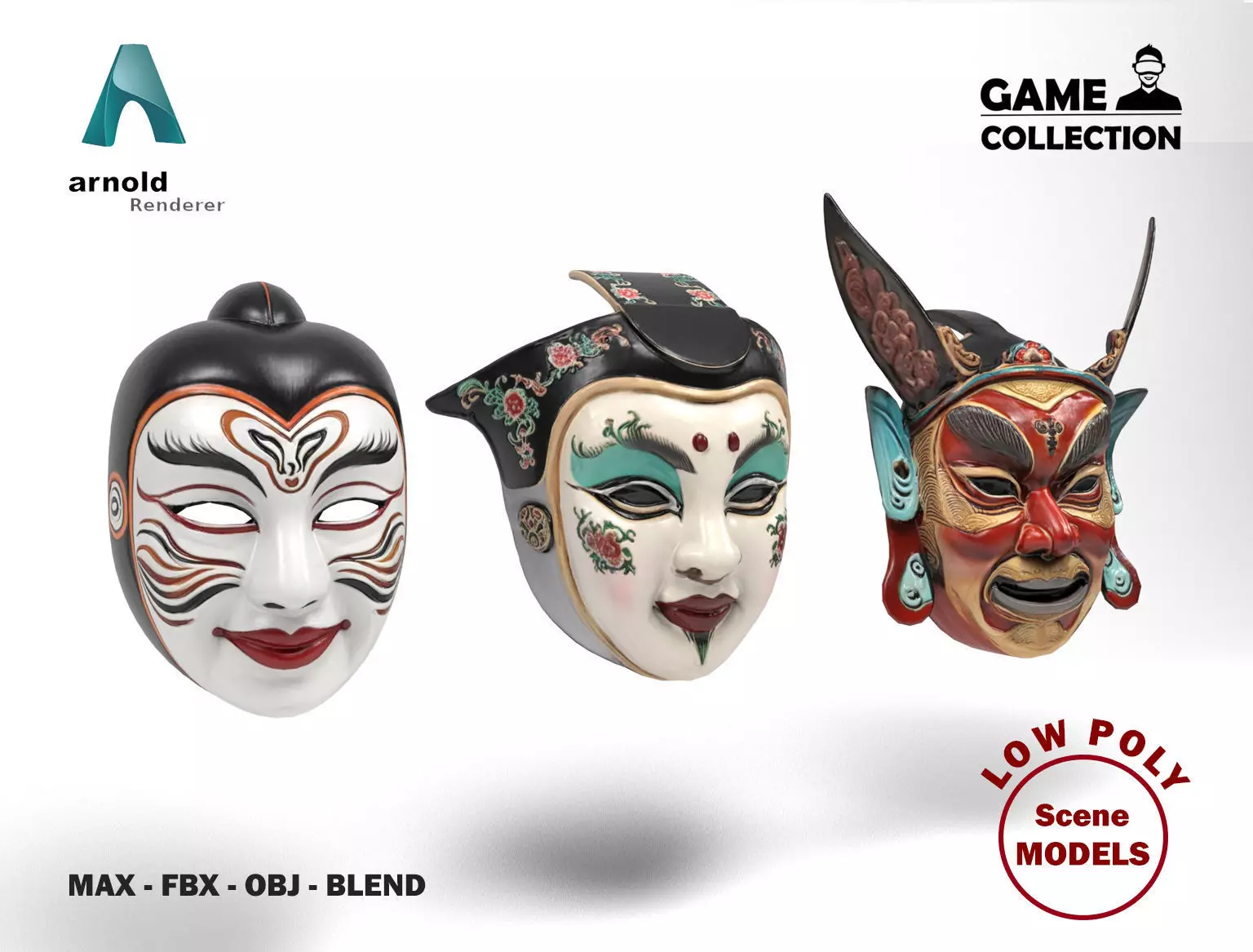 Chinese masks Low-poly 3D model